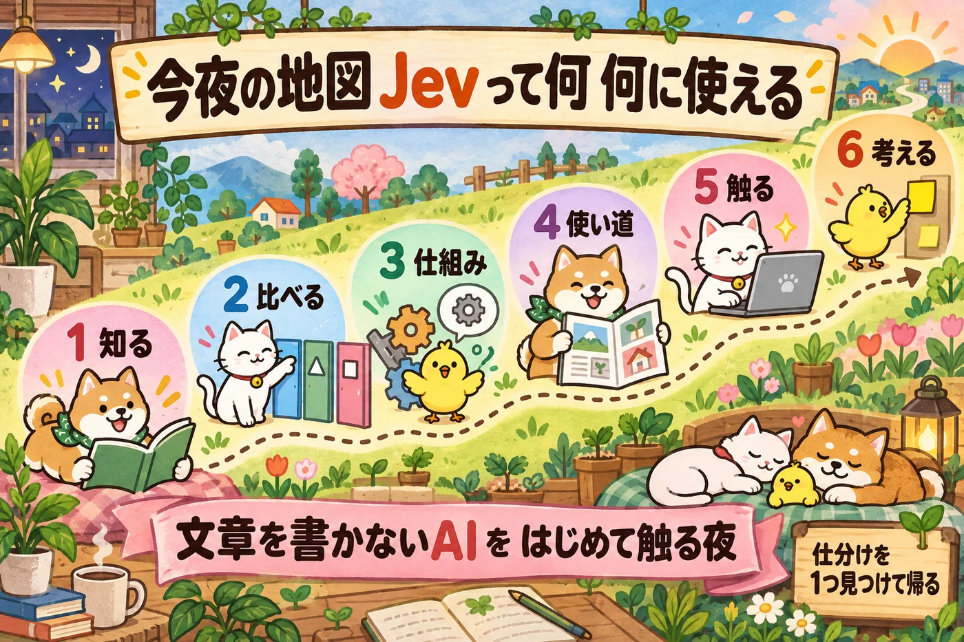今夜の地図。1 知る、2 比べる、3 仕組み、4 使い道、5 触る、6 考える、の6つの駅を通る道を描いた図解。