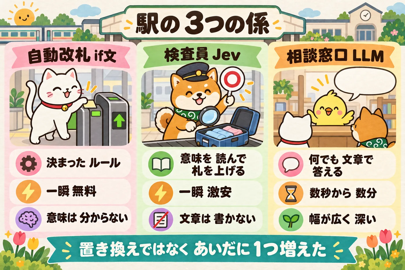 自動改札（if文）・検査員（Jev）・相談窓口（LLM）の3つのパネルを並べた図解。