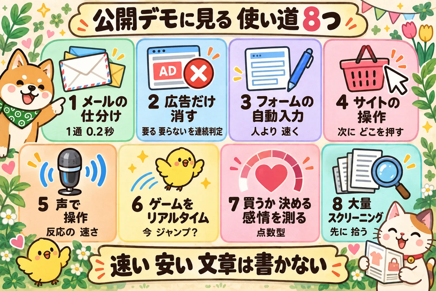メールの仕分け、広告だけ消す、フォームの自動入力、サイトの操作、声で操作、ゲームをリアルタイム、買うか決める・感情を測る、大量スクリーニングの8タイルを並べた図解。