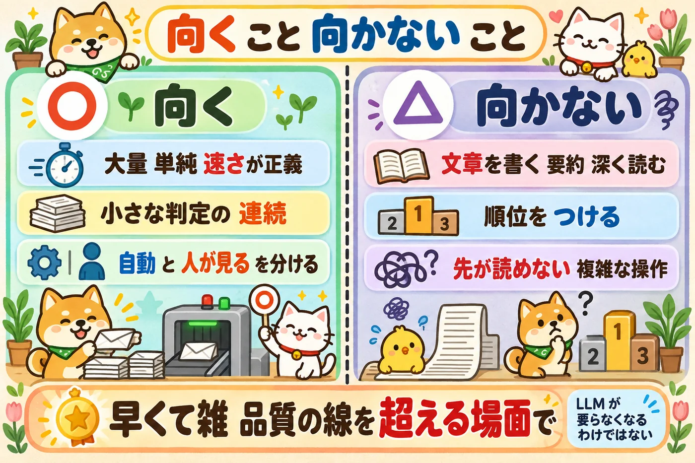 向くこと（大量・単純・速さが正義、小さな判定の連続、自動と人が見るを分ける）と向かないこと（文章を書く・要約・深く読む、順位をつける、先が読めない複雑な操作）を左右に並べた図解。