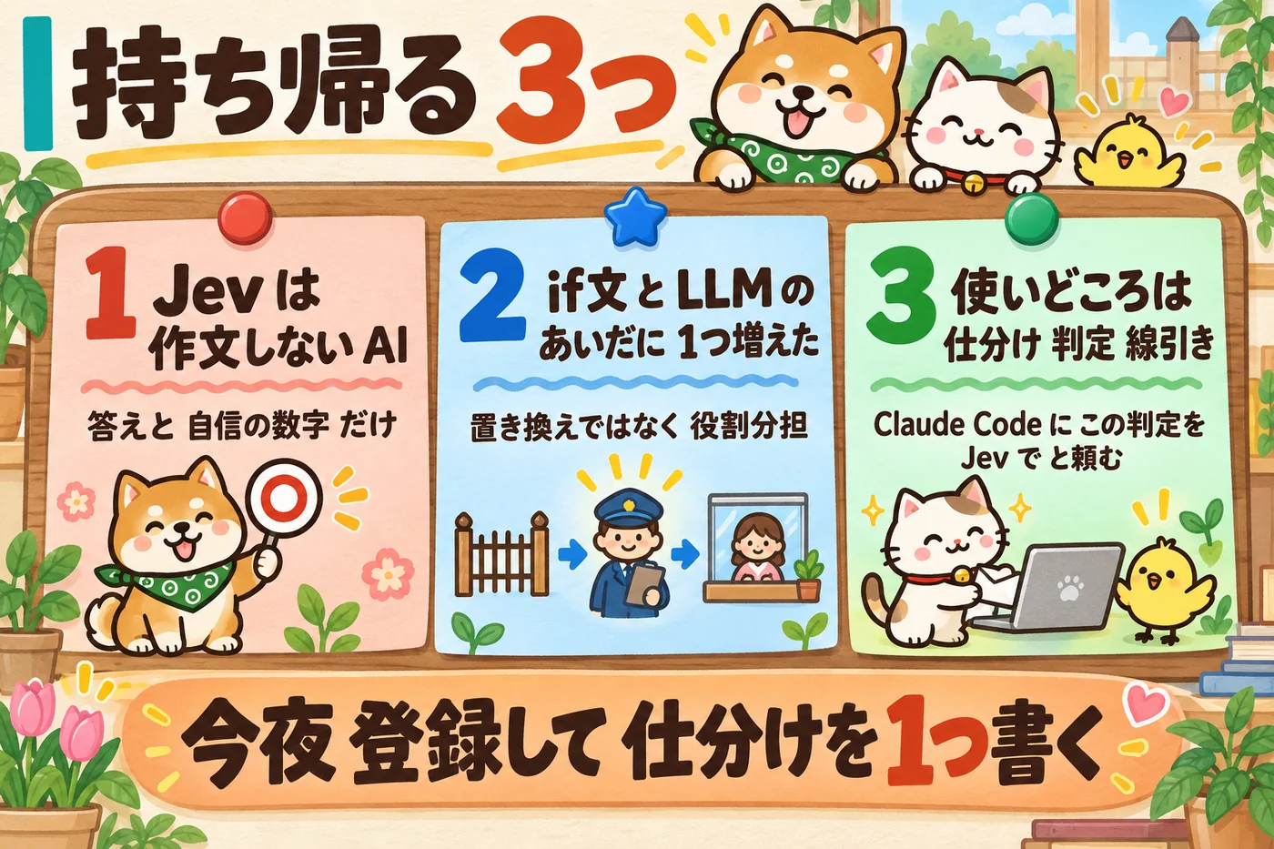 持ち帰る3つ。作文しないAIであること、if文とLLMのあいだに1つ増えたこと、使いどころは仕分け・判定・線引きであること、を3枚の付箋で示した図解。